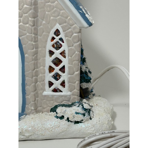 Vintage Ceramic Light Up winter Church Village Blue Steeple Stained Glass Look - Picture 6 of 16